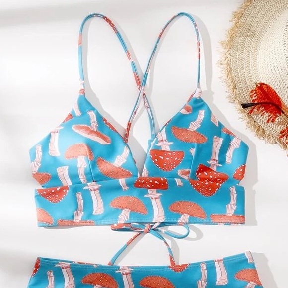 SHEIN Other - SHEIN blue Mushroom Print Tie Back Bikini Swimsuit size large